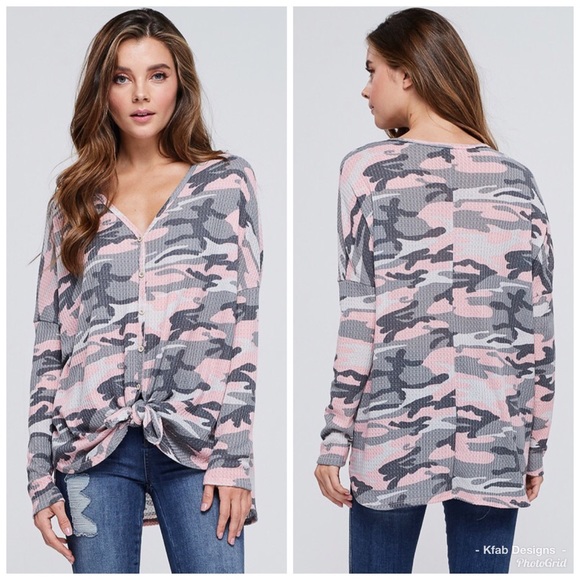 🥰LAST 1! Pink Camo Waffle Knit Tie Front Tunic! - Picture 5 of 7
